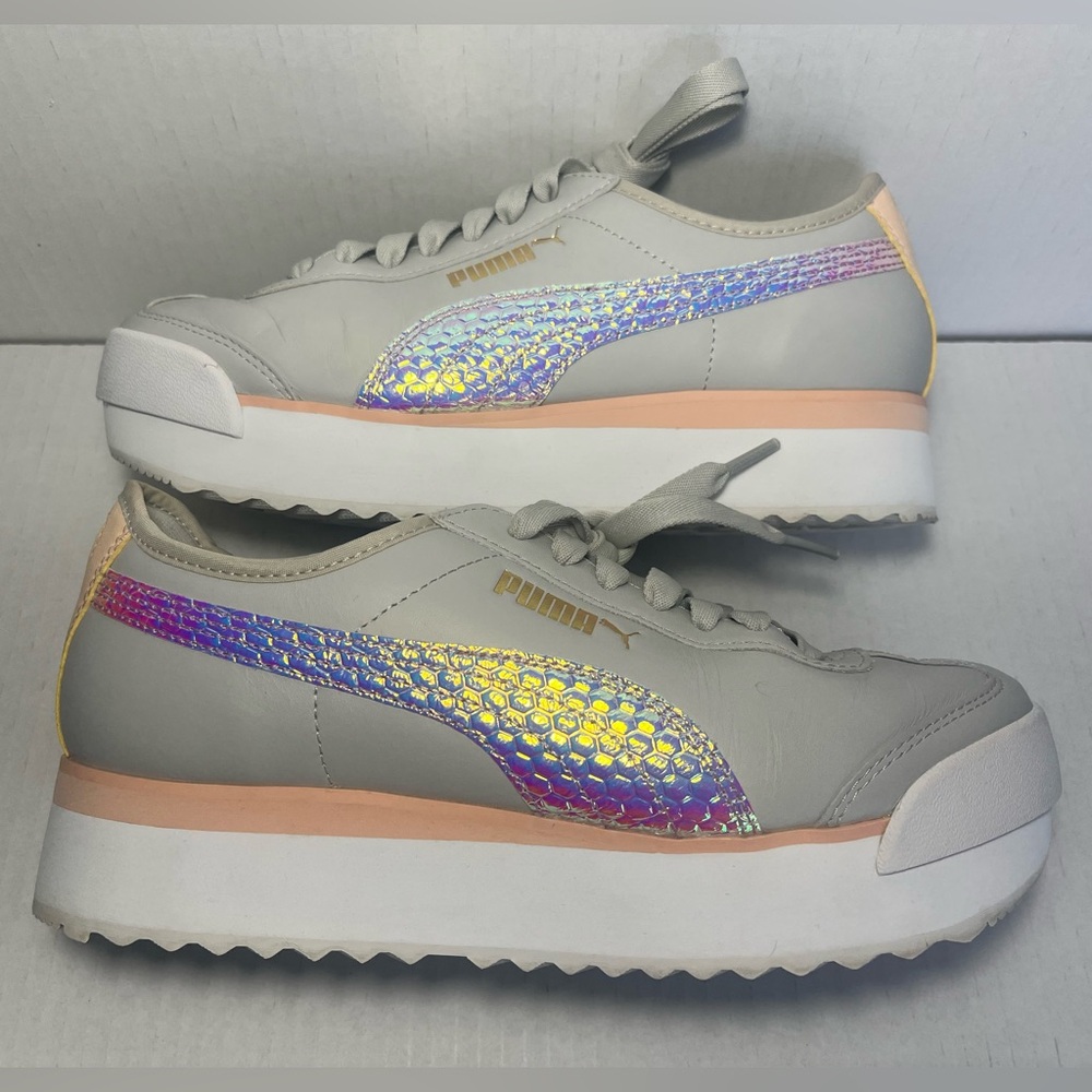 Puma Gray and Peach Platform Sneakers with Holographic Accents